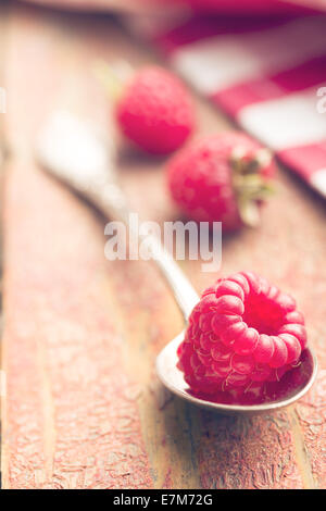 Le Raspberry sur cuillère en argent Banque D'Images