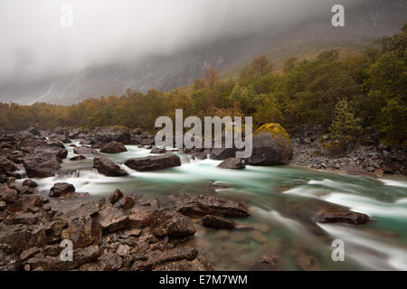 Jour de pluie dans la vallée de Romsdalen Møre et Romsdal, la Norvège. La rivière Rauma est au premier plan, et c'est célèbre pour son excellente pêche au saumon. Banque D'Images