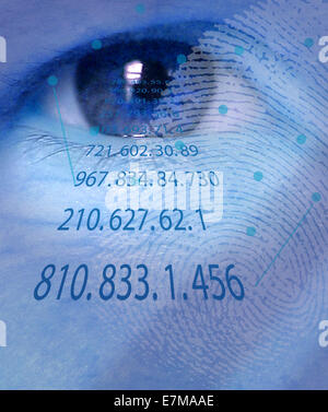 Concept de sécurité biométrique – Eye Scan avec empreintes digitales et données numériques – symbolisant la cybersécurité, la vérification d’identité, l’authentification basée sur l’IA Banque D'Images