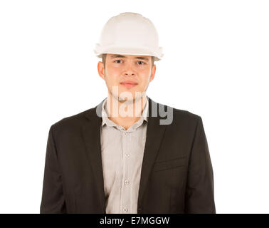 La moitié de la nourriture du corps à la jeune homme Portrait Ingénieur. Isolé sur fond blanc. Banque D'Images