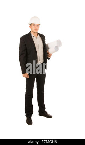 Jeune homme sérieux en costume noir Ingénieur et casque blanc l'exécution des plans de projet Banque D'Images