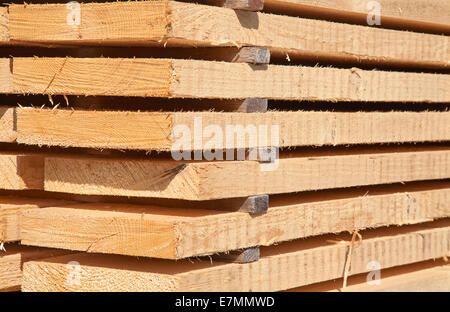 Pile de nouveaux goujons en bois au chantier de bois Banque D'Images