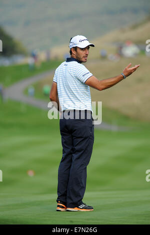 Newport, Pays de Galles. Sep 21, 2014. Les fournisseurs d'Handa Wales Open Golf dernière journée au Celtic Manor Resort à Newport, Royaume-Uni.  : Edoardo Molinari de l'Italie sur le 18ème green. Credit : Phil Rees/Alamy Live News Banque D'Images