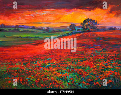 Peinture à l'huile originale de pavot à opium (Papaver somniferum) champ en face du magnifique coucher de soleil sur la toile.L'impressionnisme moderne Banque D'Images