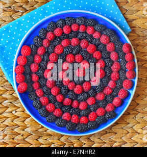 Spirale à rayures colorées de la framboise et mulberry sur plaque bleue Banque D'Images