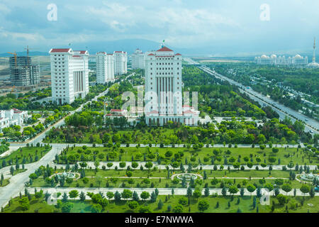 Ashgabat, Turkménistan, complexe, de l'Asie centrale, d'Asie, d'appartements, de l'architecture, ville, en, nouveau, panorama, parc, voyage, vue, Banque D'Images