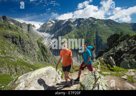 Kühboden, randonneur, Fieschergletscher, montagne, montagnes, glaciers, glace, moraine, sport, loisirs, aventure, canton, VS, Valais Banque D'Images