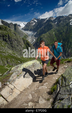 Kühboden, randonneur, Fieschergletscher, montagne, montagnes, glaciers, glace, moraine, sport, loisirs, aventure, canton, VS, Valais Banque D'Images