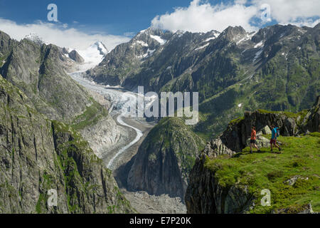 Kühboden, randonneur, Fieschergletscher, montagne, montagnes, glaciers, glace, moraine, sport, loisirs, aventure, canton, VS, Valais Banque D'Images