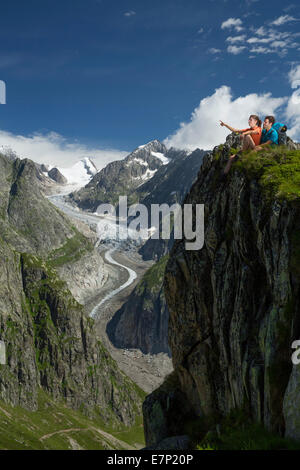 Kühboden, randonneur, Fieschergletscher, montagne, montagnes, glaciers, glace, moraine, sport, loisirs, aventure, canton, VS, Valais Banque D'Images