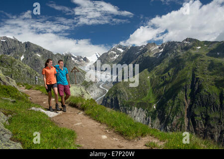 Kühboden, randonneur, Fieschergletscher, montagne, montagnes, glaciers, glace, moraine, sport, loisirs, aventure, canton, VS, Valais Banque D'Images