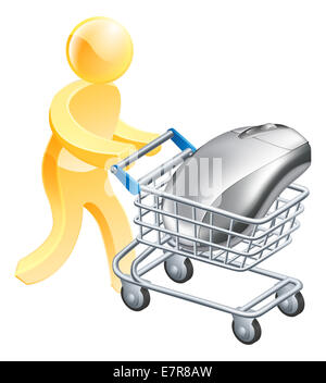 Un homme shopping ou le chariot avec une souris d'ordinateur. Concept pour internet achat en ligne ou achat d'ordinateurs Banque D'Images