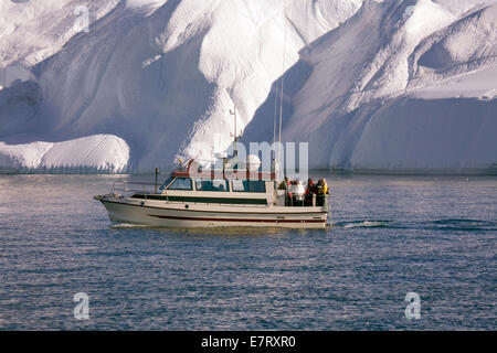 Les bateaux d'excursion offrent un gros plan sur les icebergs géants que s'étouffer la baie de Disko, Ilulissat, Groenland, Arctique Banque D'Images