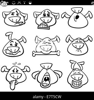 Cartoon noir et blanc Illustration de chiens drôles ou exprimer des sentiments Livre à colorier Jeu Émoticônes Banque D'Images