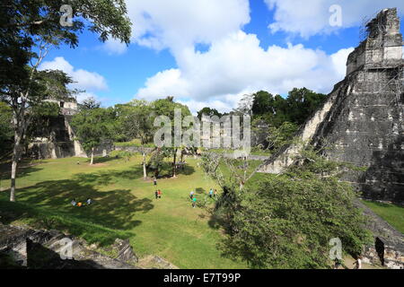 Cour entourée de ruines dans la ville abandonnée de Tikal, un parc national populaire au Guatemala. Banque D'Images