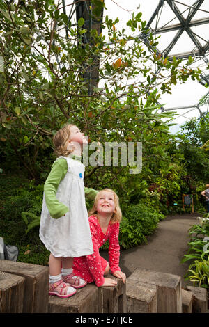 Une fillette de deux ans 2 / enfant / enfant /mortalité infantile et ses quatre 4 ans soeur stand / s'asseoir / jouer à l'intérieur de l'Eden Project biomes. UK Banque D'Images