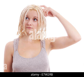 Pensive young woman with blonde dreadlocks Banque D'Images