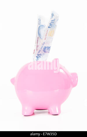 Une centaine de livres turques en billets pink piggy bank, isolé sur fond blanc. Banque D'Images