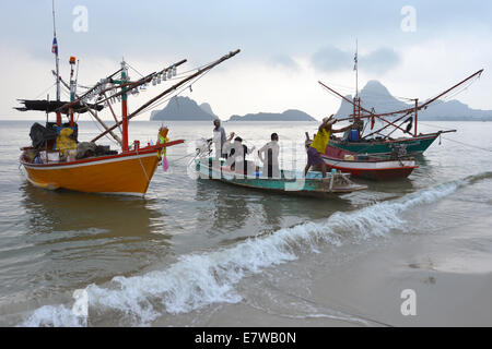 Prachuap Khiri Khan, Thailand - Mars 22, 2014 : les pêcheurs déchargeant le calmar sur la plage à Prachuap Khiri Khan, Thaïlande Banque D'Images