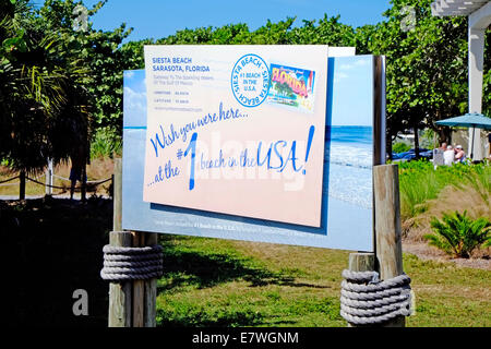 Panneau de bienvenue pour Siesta Beach Sarasota Florida plage numéro 1 aux ETATS UNIS Banque D'Images