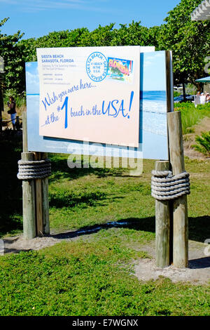 Panneau de bienvenue pour Siesta Beach Sarasota Florida plage numéro 1 aux ETATS UNIS Banque D'Images