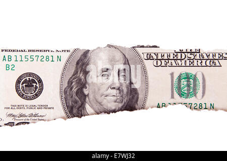 One hundred dollar bill avec a livres blancs, isolé sur fond blanc. Banque D'Images