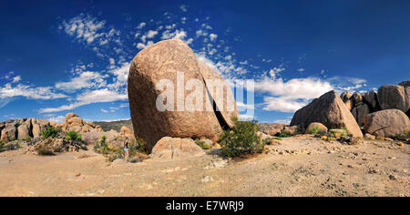 Femme à Split Rock, le parc national Joshua Tree, Desert Center, California, USA Banque D'Images