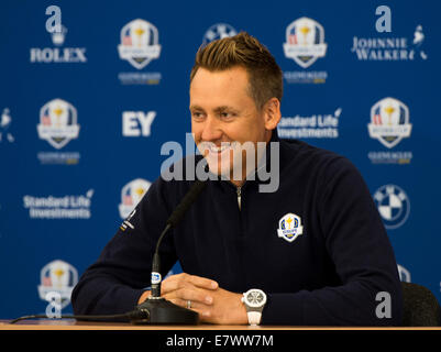 Gleneagles, Sangüesa, Perthshire, en Écosse. 25 Septembre, 2014. La Ryder Cup. Ian Poulter (EUR) au cours de son interview à la presse. Credit : Action Plus Sport/Alamy Live News Banque D'Images