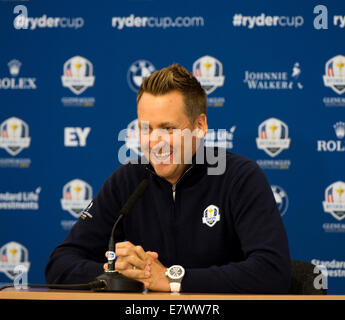 Gleneagles, Sangüesa, Perthshire, en Écosse. 25 Septembre, 2014. La Ryder Cup. Ian Poulter (EUR) au cours de son interview à la presse. Credit : Action Plus Sport/Alamy Live News Banque D'Images