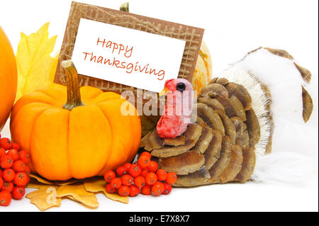 Joyeux Thanksgiving card à la citrouille et au décor de la Turquie sur fond blanc Banque D'Images