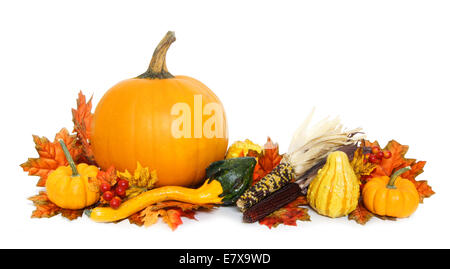 Arrangement d'automne de citrouilles et courges avec feuilles rouges Banque D'Images