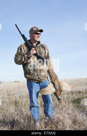 Hunter standing in field holding Faisan de Colchide et shot gun Banque D'Images