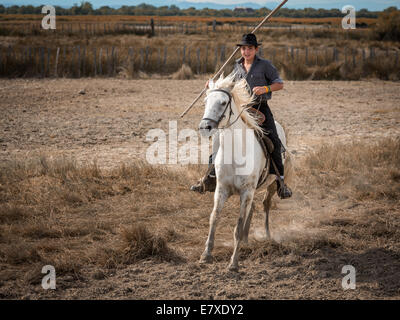 Un jeune gardien à cheval, la Camargue, France Banque D'Images