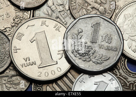 Coins de la Chine. Fleur de chrysanthème représenté dans la Chinoise Jiao coin et la chinoise Yuan monnaie. Banque D'Images