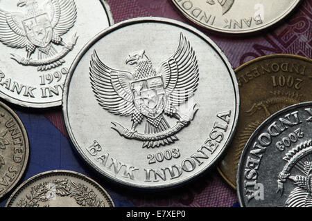 Coins de l'Indonésie. L'emblème national de l'Indonésie a appelé le Garuda Pancasila représenté dans la roupie indonésienne de monnaie. Banque D'Images