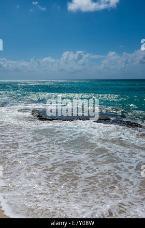 Briser l'océan sur un récif peu profond sur la plage à la Barbade. Banque D'Images