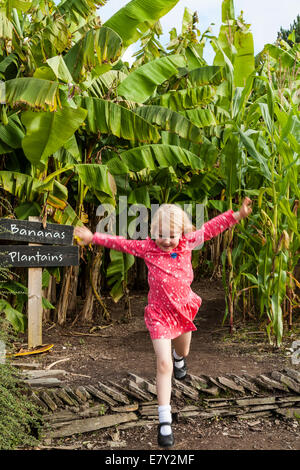 4 quatre ans, fille / enfant marche et lecture / jump / sautant dans l'Eden Project, à l'extérieur jardin extérieur. Cornwall. UK. Banque D'Images