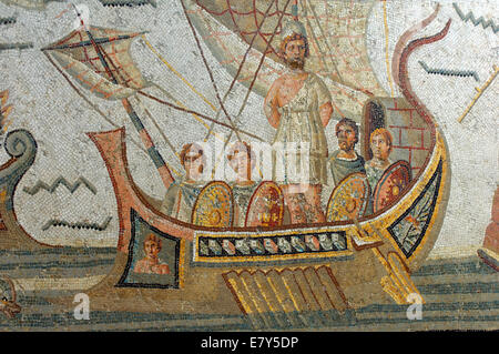 Une mosaïque d'Ulysse attaché au mât pendant la rencontre avec les sirènes, dans le Musée du Bardo de Tunis Banque D'Images