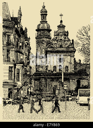 Dessin original fait main sketchy de Lviv Banque D'Images