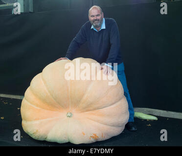 Malvern, Worcestershire, Royaume-Uni, 26 septembre 2014. David Thomas avec sa citrouille géante pesant 457kg à l'automne montrent le Malvern Malvern Autumn Show ouvre ses portes au public demain (samedi). Crédit : Ian Thwaites/Alamy Live News Banque D'Images