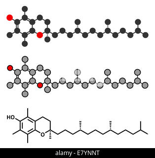 La vitamine E (alpha tocophérol) molécule. Rendu 2D stylisée et conventionnelle formule topologique. Banque D'Images