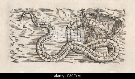 Illustration de serpent de mer une attaque de bateau, de 'Historia animalium" par Conrad Gessner (1516-1565) après Olaus Magnus (1490-1557), voir image KKEG7E pour la version originale. Voir la description pour plus d'informations. Banque D'Images