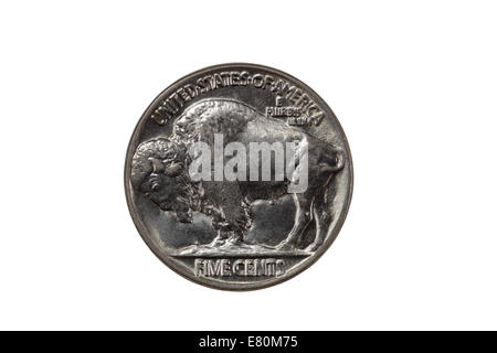 Libre de droit de pristine American Buffalo Nickel, verso, isolated on white Banque D'Images