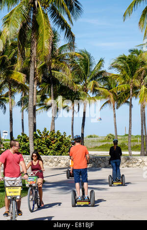 Miami Beach Florida,Ocean Drive,Lummus Park,Serpentine Trail,motards,vélos,équitation,homme hommes,palmiers,homme hommes,femme femme,couple,bic Banque D'Images