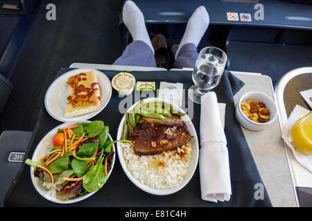 Miami Florida,aéroport international,à bord,cabine passager,American Airlines,classe,sièges,nourriture de compagnie aérienne,salade,viande,assiettes,plats,rôti de boeuf,pain,repas, Banque D'Images