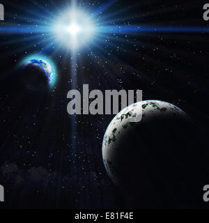 Résumé Contexte - Gigant planète bleue et de la Terre dans l'espace. Étoiles, galaxie, des rayons de soleil. Éléments de cette image fournie Banque D'Images