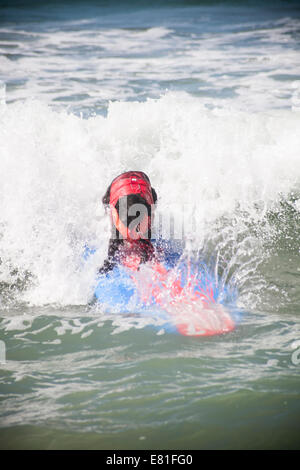 Huntington Beach, CA, USA. 28 Septembre, 2014. Un chien fait concurrence à Surf City Surf Dog™ canine annuelle concours de surf. Les chiens de toutes tailles 'accrocher 20' qui s'affronteront dans quatre divisions de classe de poids, ainsi qu'un tandem de la chaleur. Ils sont jugés d'une variété de compétences, y compris la durée de leur trajet et leur confiance au conseil. Credit : Andie Mills/Alamy Live News Banque D'Images