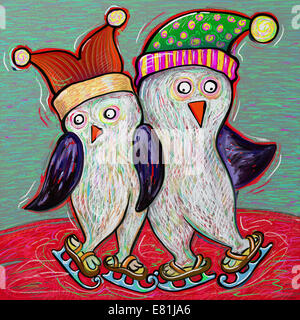 Couple penguin ice skate, illustration peinture numérique Banque D'Images