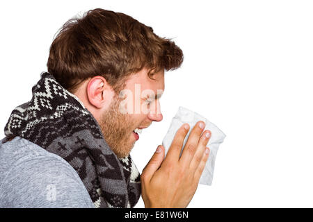 Close up portrait of man blowing nose Banque D'Images
