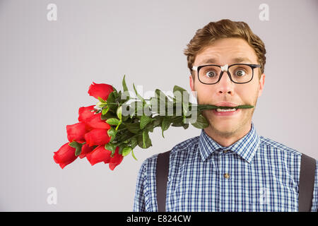 Hipster geek mordant un bouquet de roses Banque D'Images